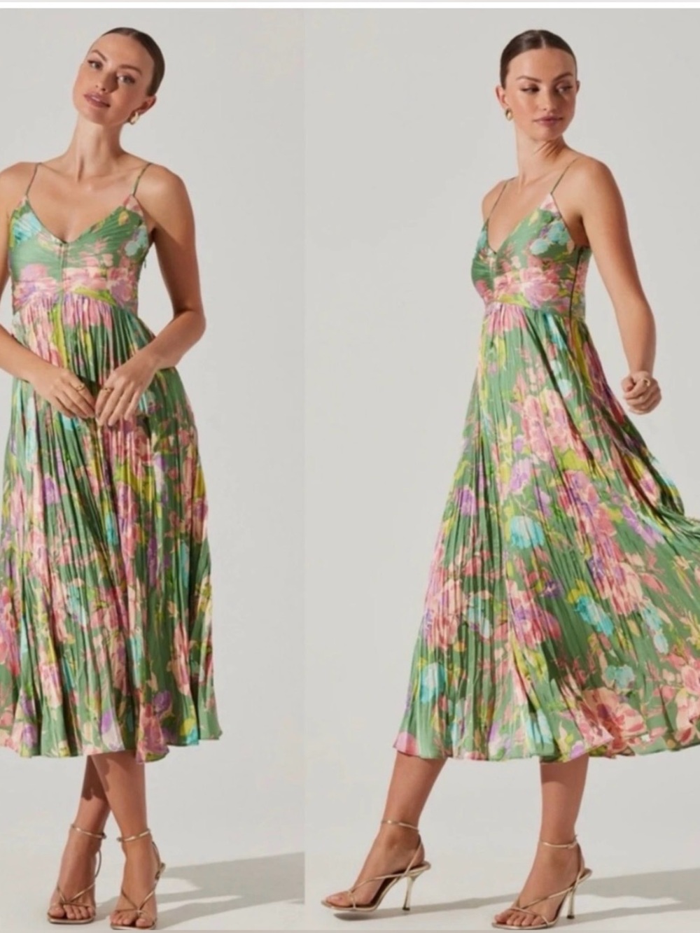 ASTR Maeve Floral Pleated Spaghetti Strap Midi Dress